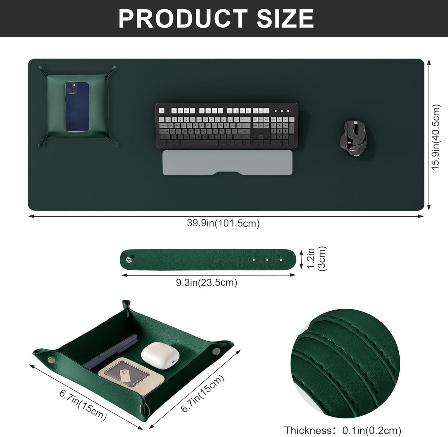 DAWNTREES Dual Sided Desk Mat,Leather Desk Pad,Cork Desk Mat Protector,with PU Leather Valet Tray Organizer,Large Mouse Pad,Desk Writing Pad for Office and Home(Dark Green 31.5"x15.8")