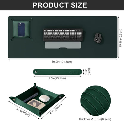 DAWNTREES Dual Sided Desk Mat,Leather Desk Pad,Cork Desk Mat Protector,with PU Leather Valet Tray Organizer,Large Mouse Pad,Desk Writing Pad for Office and Home(Dark Green 31.5"x15.8")