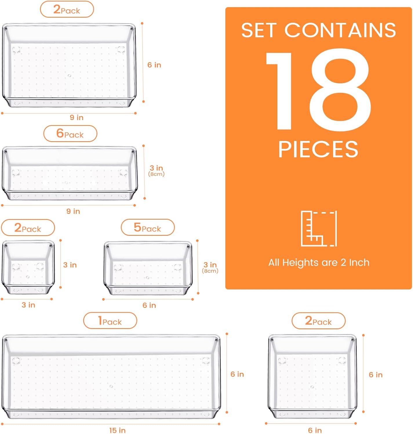 Criusia Drawer Organizer, 10 Pack Large Clear Plastic Set, 3 Size Versatile Bathroom and Vanity Organizer Trays, Storage Bins for Makeup, Bedroom, Kitchen Utensils