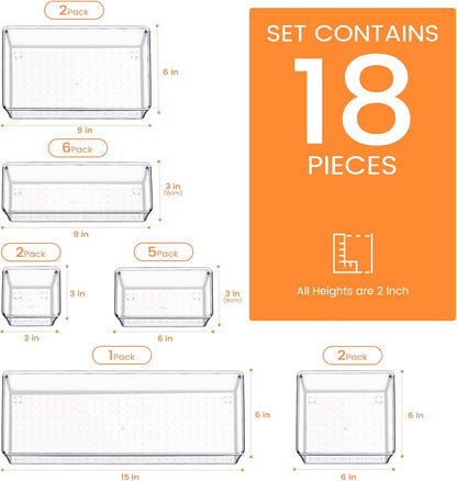 Criusia Drawer Organizer, 10 Pack Large Clear Plastic Set, 3 Size Versatile Bathroom and Vanity Organizer Trays, Storage Bins for Makeup, Bedroom, Kitchen Utensils