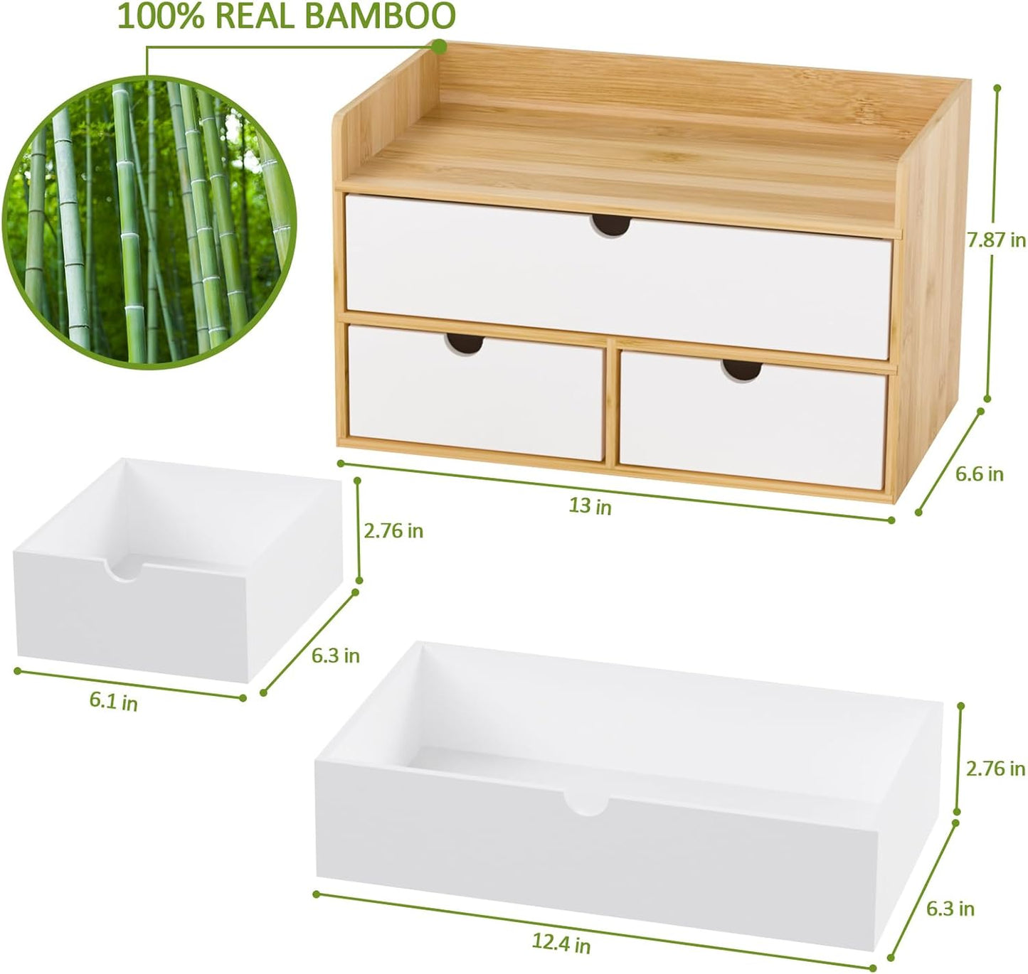 Desk Organizer with Drawers - Bamboo Desktop Organizer Storage | Wood Desk Drawers Organizer for Bills, Office Supplies, Cosmetics, Seals No Assembly Required (3 Drawer with Big Drawer)