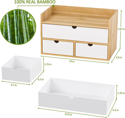 Desk Organizer with Drawers - Bamboo Desktop Organizer Storage | Wood Desk Drawers Organizer for Bills, Office Supplies, Cosmetics, Seals No Assembly Required (3 Drawer with Big Drawer)