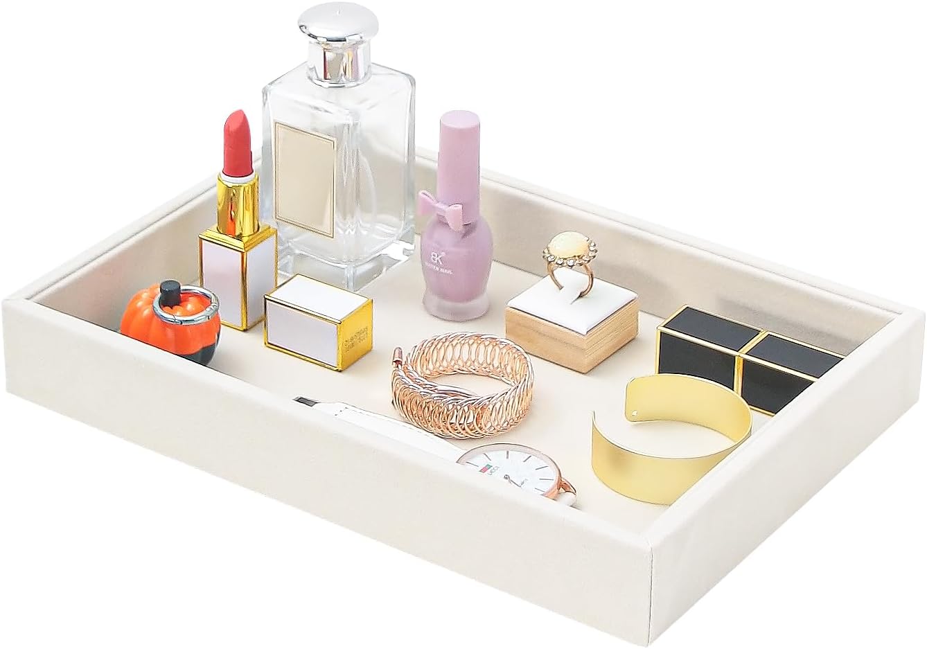 Bedside Organizer - Multi-use Nightstand & Desk-top Catchall Tray for Jewelry, Sunglasses, Phone, Watch, Perfume, Lipstick (Beige 3Grid)