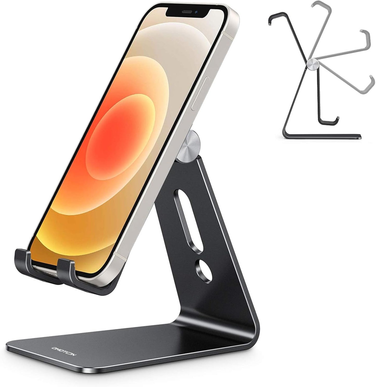 Adjustable Cell Phone Stand, OMOTON Aluminum Desktop Cellphone Stand with Anti-Slip Base and Convenient Charging Port, Fits All Smart Phones, Silver