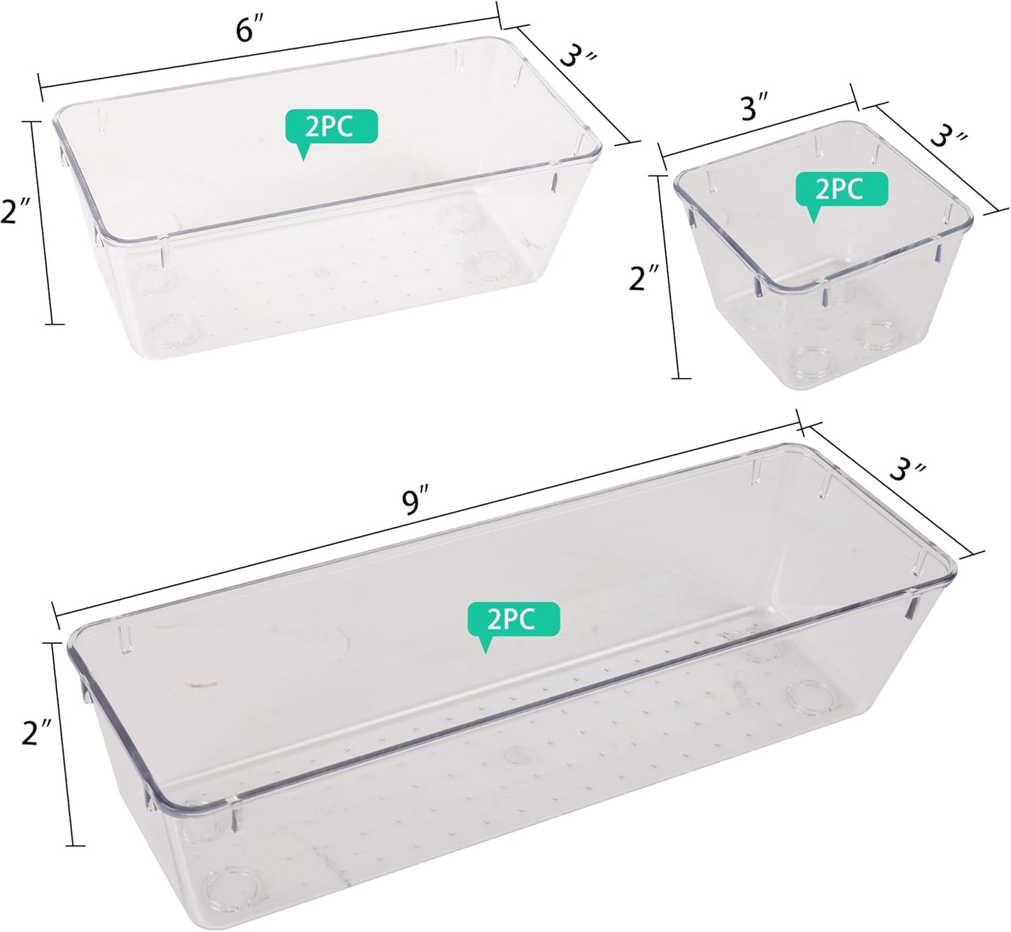 Drawer Organizer with Non-Slip Silicone Pads Set of 15,Clear Plastic Vanity Organizer Storage Bins Containers,4 Size Desk Organizer Tray