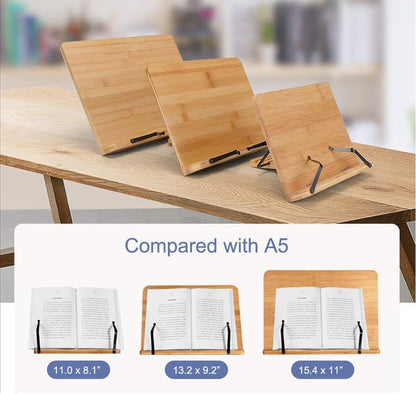 wishacc Bamboo Book Stand, Adjustable Book Holder Tray and Page Paper Clips-Cookbook Reading Desk Portable Stable Hard-Wearing Lightweight Bookstand-Textbooks Books