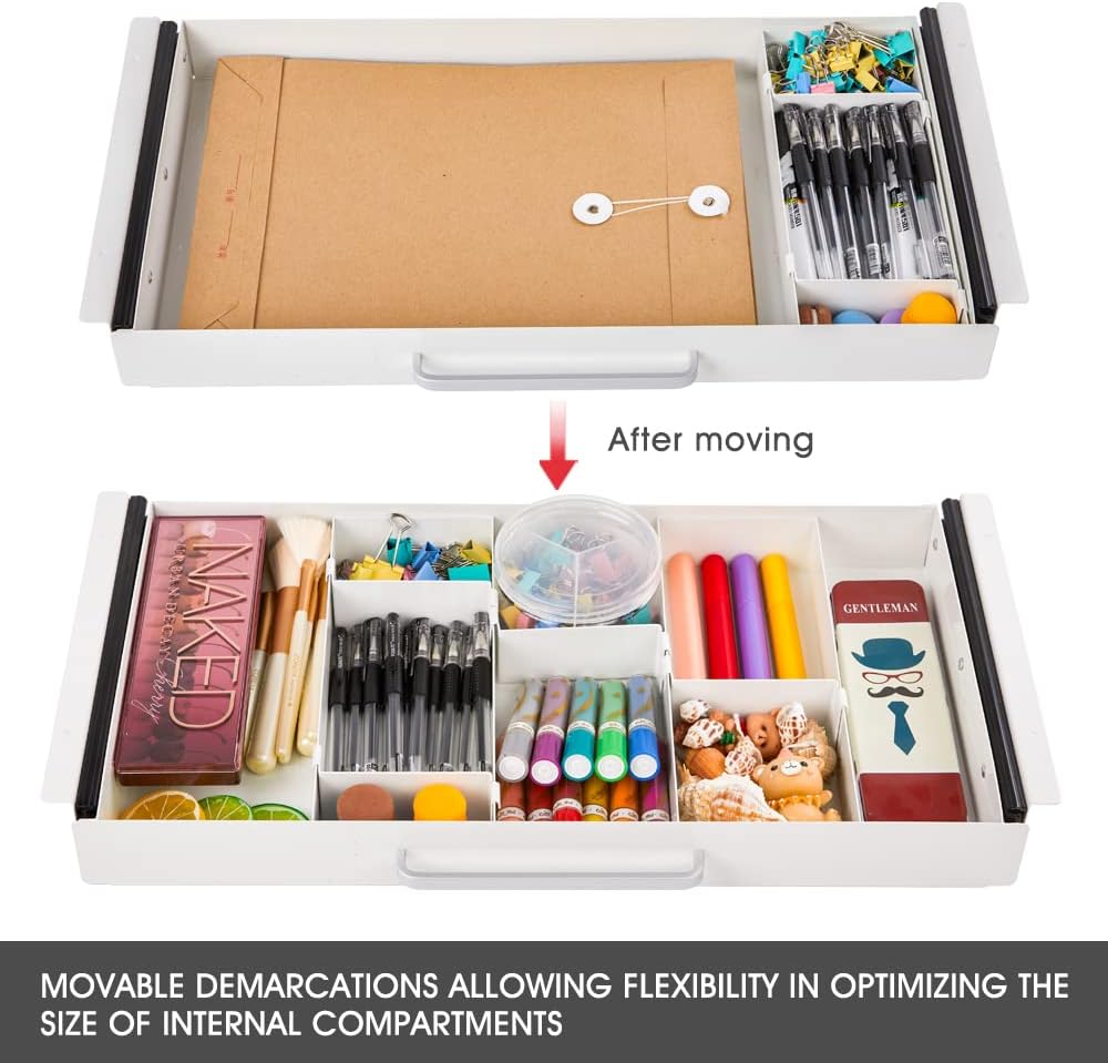 GOME Under Desk Slide out Pencil Drawer with Space Divider Design for Storing Pencil and Office Accessories, Underdesk Pull out Tray Organizer Mounted for Sit Stand Workstation