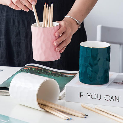 Ceramic Pen Holder Stand Cup Pencil Holder Organizer Makeup Brush Holders for Home Office Desk (White)