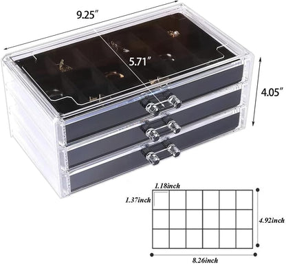 YUFONG Earring Organizer Box Acrylic Jewelry Organizer with 3 Drawers 54 Adjustable Grids Clear Stackable Earring Holder Velvet Trays Ring Display Case for Women Girls (Beige)