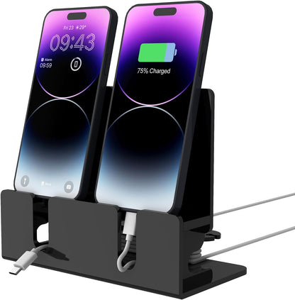 Dual Phone Holder Organizer Stand for 2 Phones, Acrylic Desktop Universal Mobile Phone Docking Station Charger Holder with Cable Management, Black