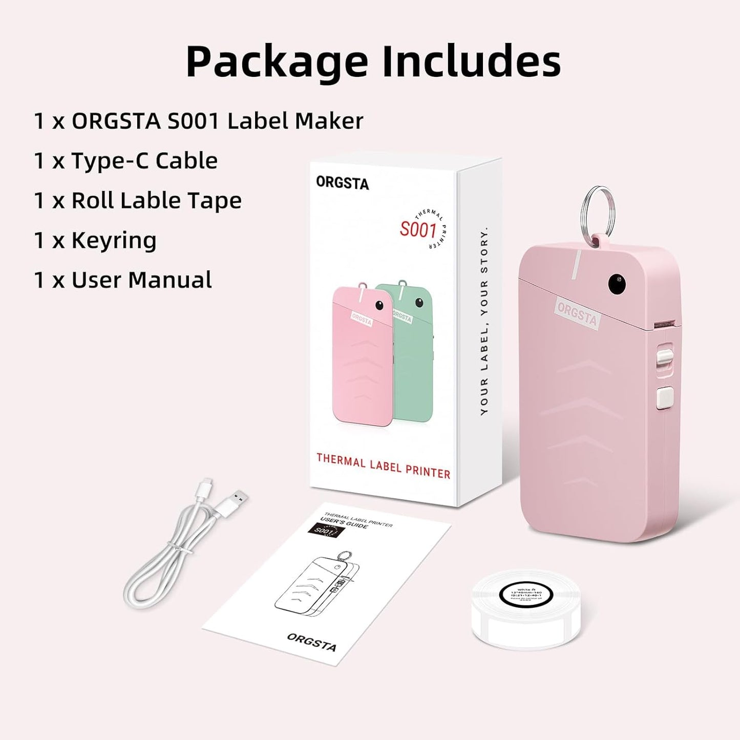 ORGSTA Label Maker Machine with Tape Bluetooth Portable Thermal Labelling Printer for School Home Office Organization, Wireless Mini Labeler S001 Label Machine with Label Sticker Maker, White