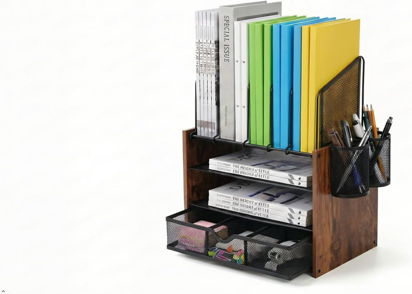 Wooden Desk Organizer - 4-Tier Desktop File Organizer with Drawer, Wooden Paper Tray, Vertical File Holders & 2 Pen Holders - Office Desk Organizer for Papers, Mail, Notebooks, Stationery