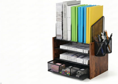 Wooden Desk Organizer - 4-Tier Desktop File Organizer with Drawer, Wooden Paper Tray, Vertical File Holders & 2 Pen Holders - Office Desk Organizer for Papers, Mail, Notebooks, Stationery