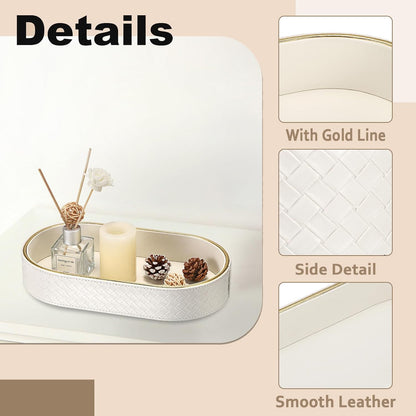 Hipiwe Perfume Trays PU Leather Vanity Tray for Dresser Bathroom Valet Trays Oval Desk Tray Jewelry Dish Holder Decorative Catchall Trays Nightstand Organizer, Beige