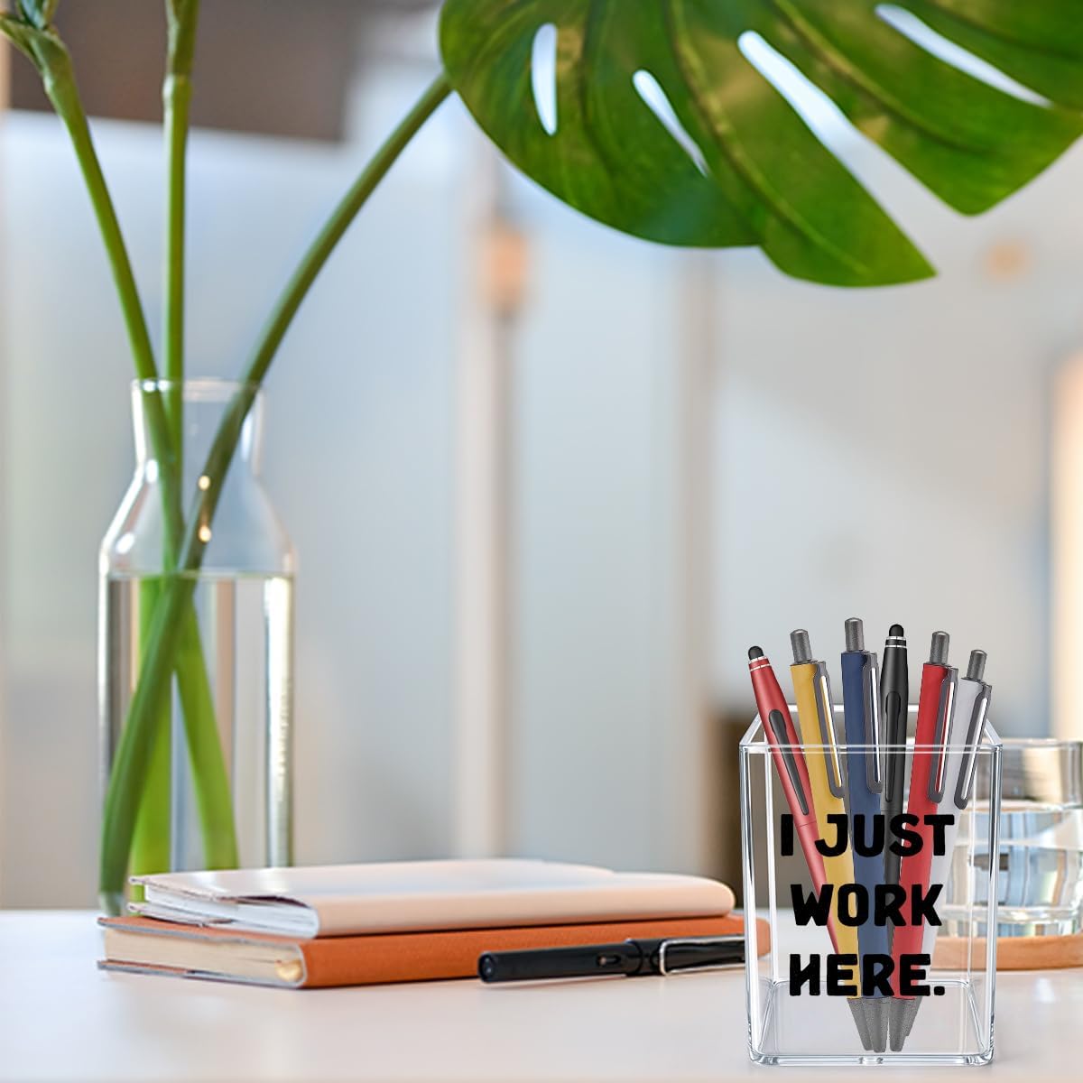Funny Acrylic Pen Holder - I Just Work Here - Clear Makeup Brush Organizer, Sarcastic Office Desk Decor, Relatable Coworker Gag Gift for Women Men, Aesthetic Cubicle Accessories