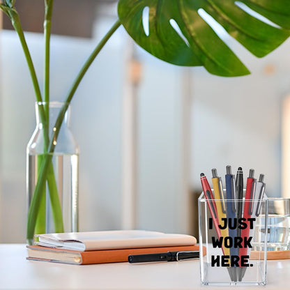 Funny Acrylic Pen Holder - I Just Work Here - Clear Makeup Brush Organizer, Sarcastic Office Desk Decor, Relatable Coworker Gag Gift for Women Men, Aesthetic Cubicle Accessories