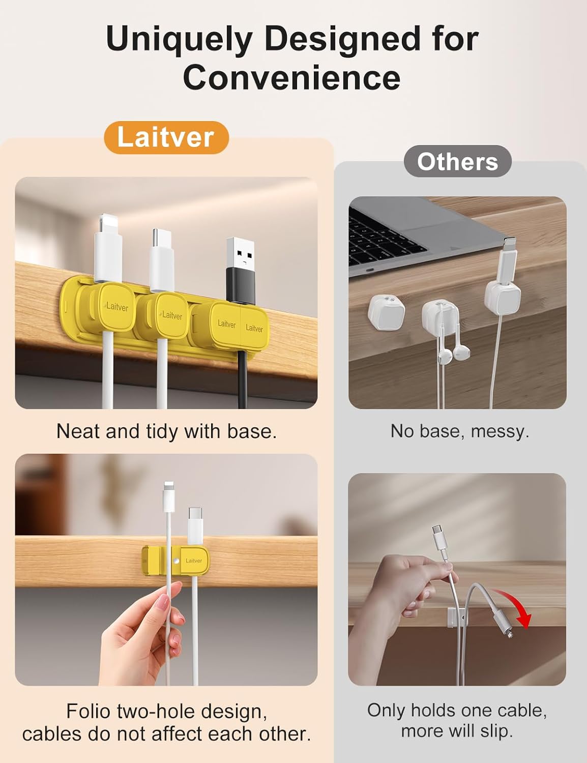 6 Pack Magnetic Cable Clips [1s Open/Lock], Laitver Cord Organizer Holder Strong Adhesive Desk Cable Management- Organize Charging Cords Neatly for Home, Office, Car,Desk, Nightstand