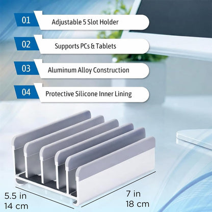 Elestoria 5- Slot Vertical Laptop Stand - Aluminum Laptop Stand Vertical for Desk - Adjustable Width (12-38mm) Fits MacBook Pro/Air, Surface & Gaming Laptops Upto 17.3 (Grey)