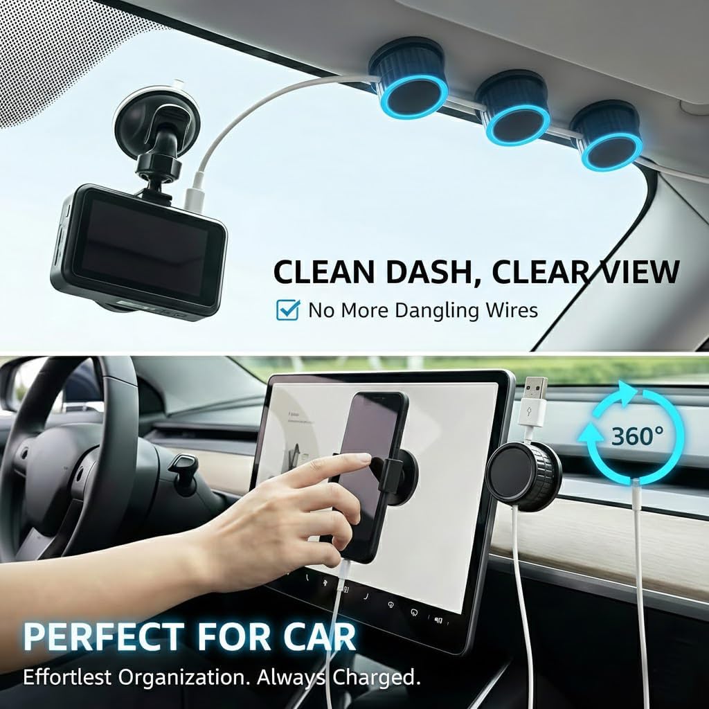 Magnetic Cable Organizer 8-Pack Glossy Black - Rotating Magnetic Clip Cord Keeper for Desk, Nightstand & Car - Adhesive Management System for USB & Power Wires