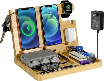 Wood Phone Docking Station Nightstand Organizer for Men 27W 2 Phone Wireless Charging Station with 4 Wireless Charger Stand for iPhone Apple Watch AirPod Mens Birthday Gift Ideas Key Holder