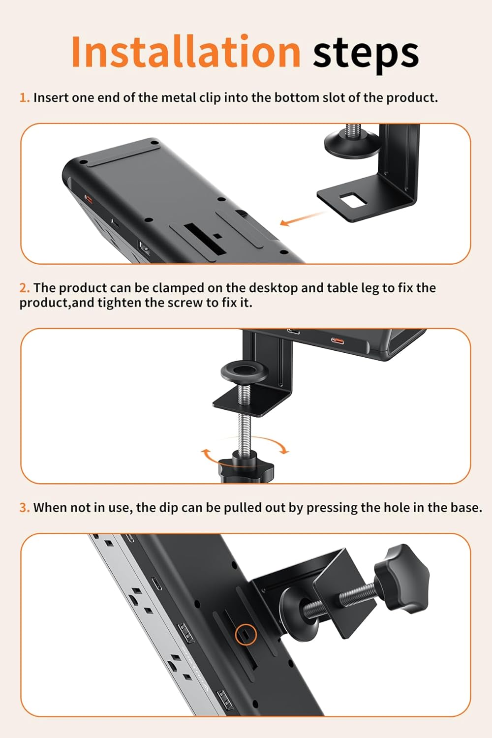 6.5 FT Desk Clamp Power Strip with 5 AC Outlets & 6 USB Ports PD 40W USB-C Fast Charging, 1250J Surge Protector, Fits 2.1 in top Edge Black