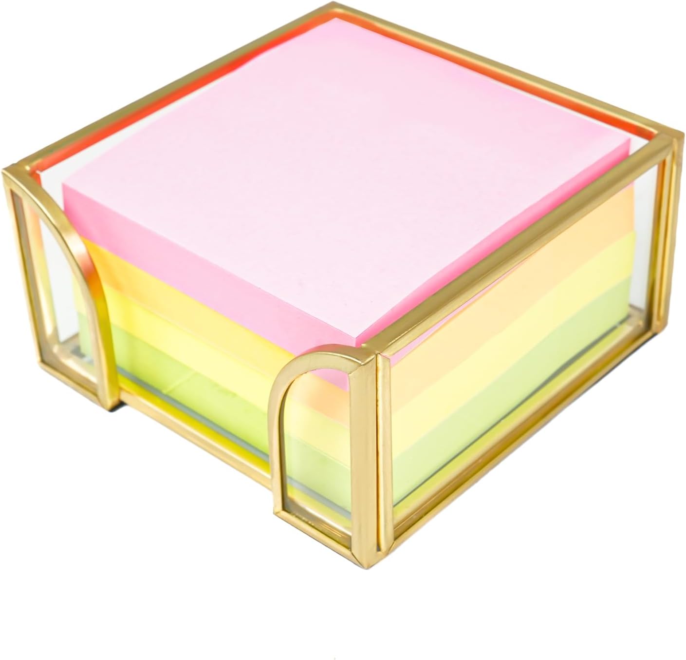 Sticky Note Holder,Glass Post It Note Dispenser with Pen Slot,Gold 3 x 3 Inch Post It Note Holder for Desk,Stylish Sticky Note Dispenser for Home Office Desk