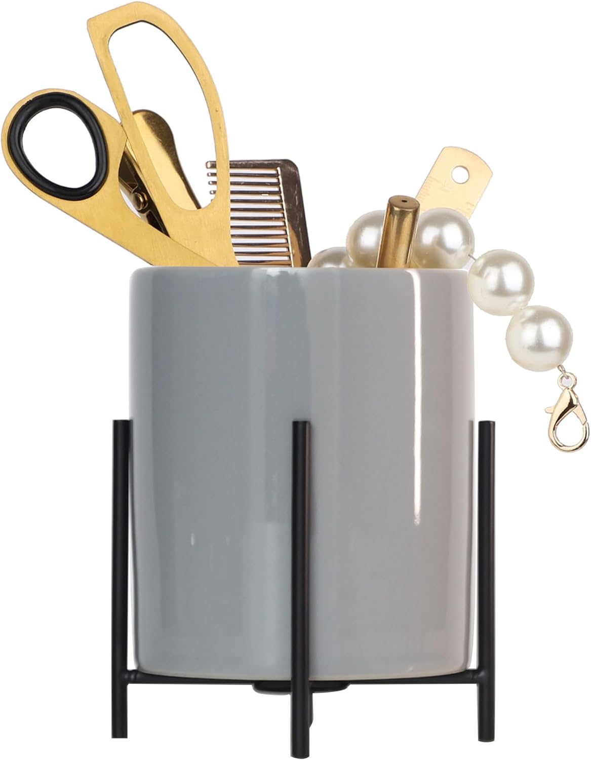 Sturdy Pen Holder Simple and elegant for Desk Matte Pencil Holder Ceramic Cute Desktop Organizer Brush Holder Cup (Black and Gold Plated)