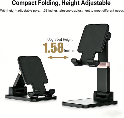 Adjustable Cell Phone Stand for Desk - Foldable Desktop Phone Holder Compatible with All 4-10 Inches Smartphone and Tablet for Workspace Organizers(1Pack Black)