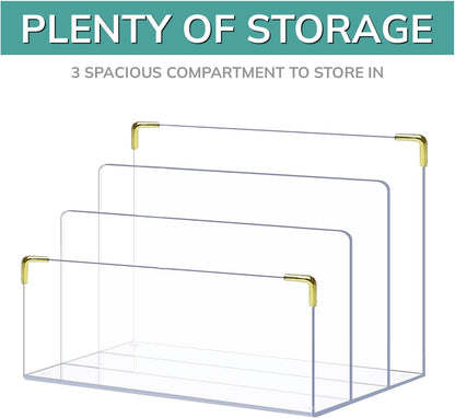 pbf Acrylic File Holder | Clear Acrylic Desk Organizer with Gold Accents | 3-Level Folder Holder, Mail Sorter, & Laptop Stand