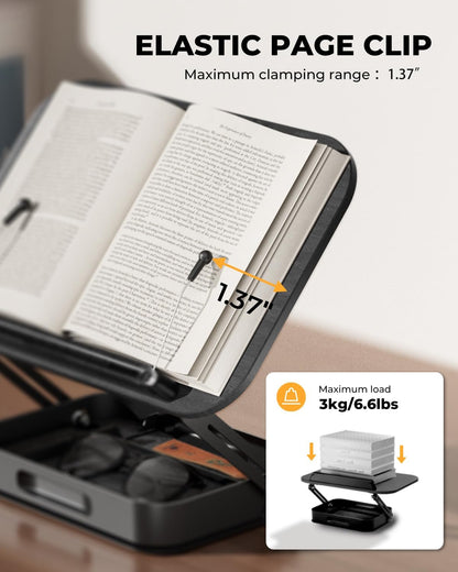 Adjustable Book Stand with Storage Drawer, 360° Rotating Book Holder, Height & Angle Adjustable, Extra-Wide Page Clips for Thick Books, Wood & Aluminum Book Stand for Desk, Study, Kitchen