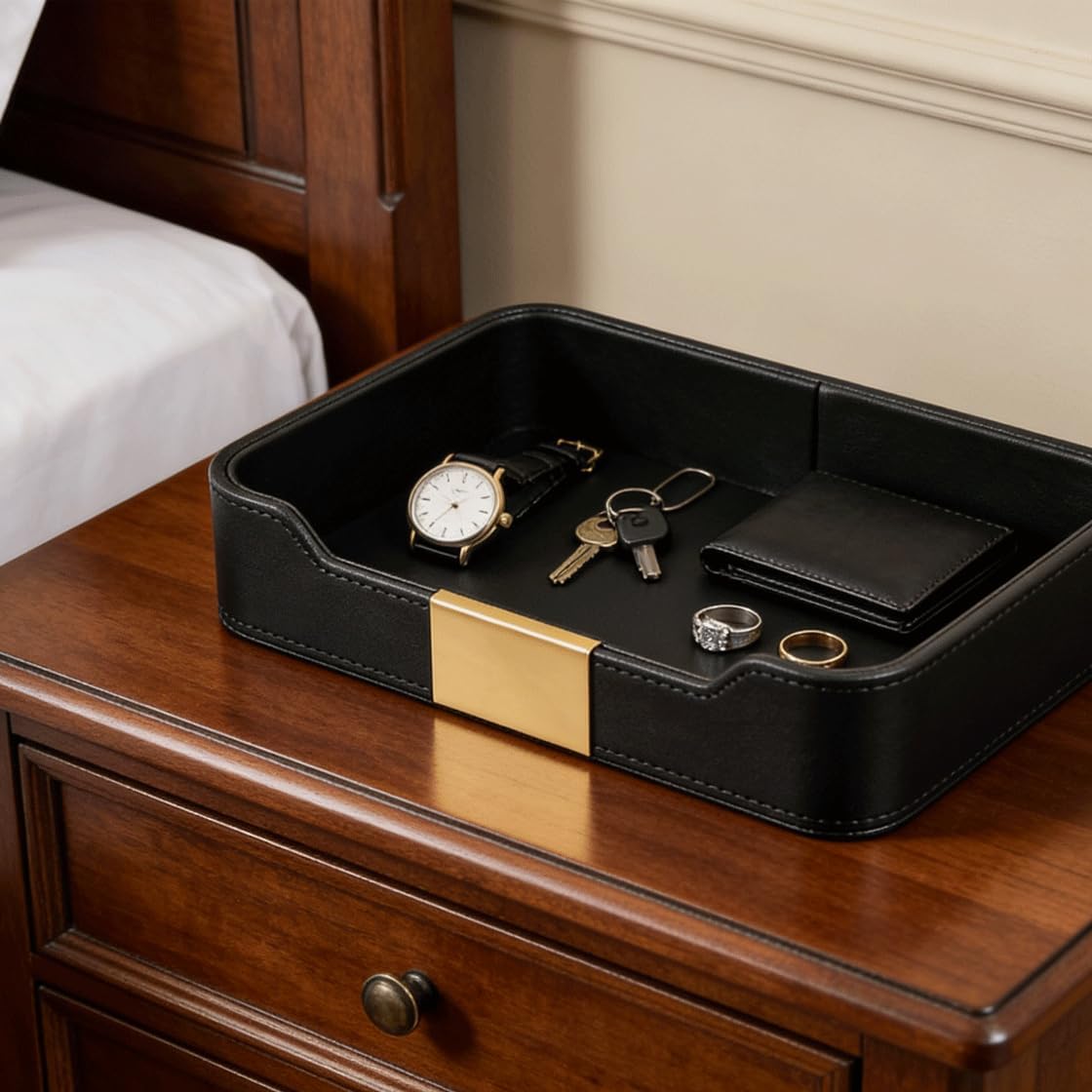 PU Leather Valet Tray Catchall Organizer for Men - Nightstand Dresser Desk Tray for Keys Wallet Watch Jewelry, Bedside Entryway Table Storage Box, EDC Accessories Holder Catch All Dish, Green