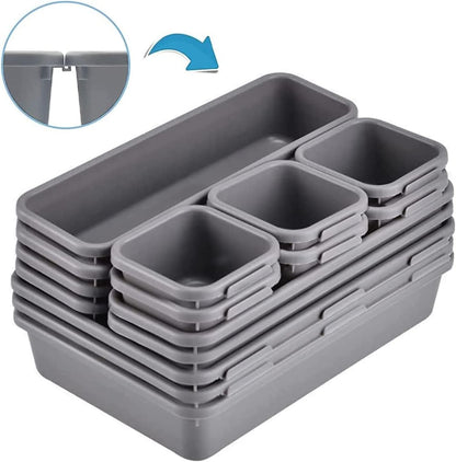 Kutesna 15 Piece Drawer Organizer Set, 3 Size Interlocking Plastic Storage Bins for Office Supplies, Jewelry Makeup Vanity, Bathroom Kitchen, Home Organization Closet, Gadgets Small Items, Black
