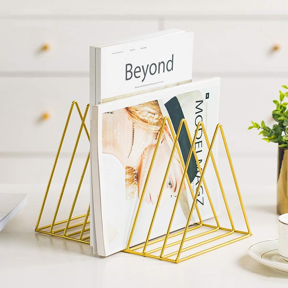 Sooyee 9 Slot Rose Gold Magazine Holder,Desktop File Sorter Organizer Triangle Bookshelf Decor Home Office