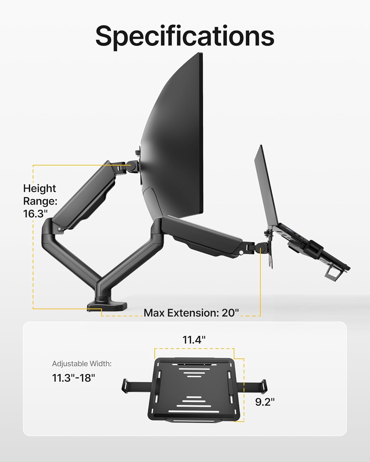 monTEK Laptop Arm Mount for Desk, 2-in-1 Monitor & Laptop Stand with Adjustable Laptop Tray, Fits Max 18" Notebook and 32" Screen, Aluminum Single Monitor Holder with VESA 75/100, Clamp/Grommet, Black