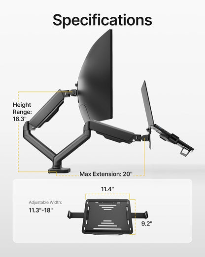 monTEK Laptop Arm Mount for Desk, 2-in-1 Monitor & Laptop Stand with Adjustable Laptop Tray, Fits Max 18" Notebook and 32" Screen, Aluminum Single Monitor Holder with VESA 75/100, Clamp/Grommet, Black