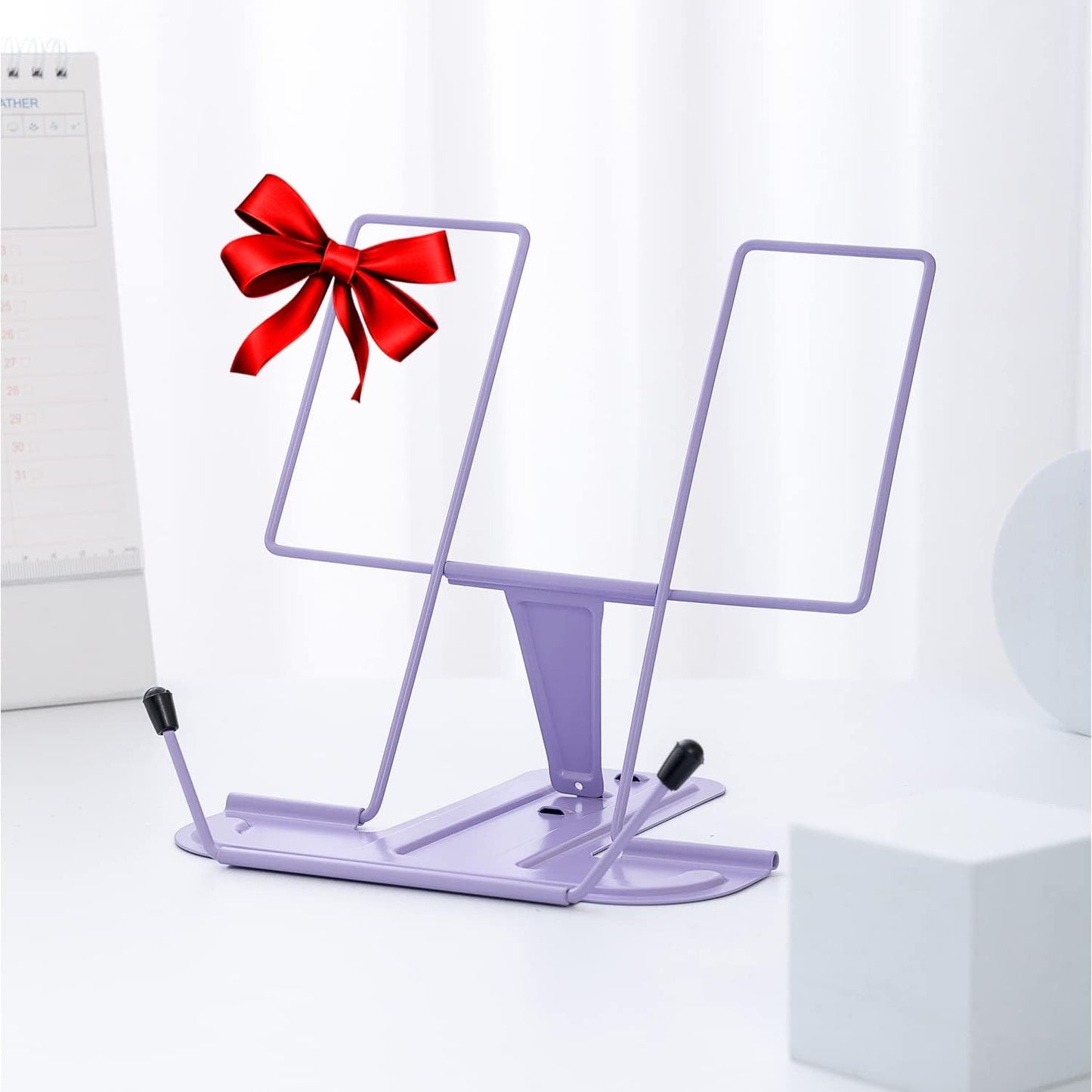 MSDADA Metal Book Stand for Desk, Adjustable Reading Rest Book Holder, Portable Cookbook Documents Holder, Sturdy Typing Stand for Recipes Textbooks Tablet Music Books with Page Clips (Macaron Pink)