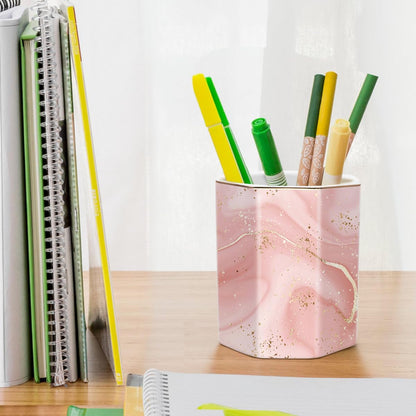 WAVEYU Ceramic Pen Holder for Desk Cute, Pencil Cup Pot Desk Organizer, Makeup Brush Holder for Women, Men, Kids, Desk Marble Decor for Office, Classroom, Home, Gray Golden