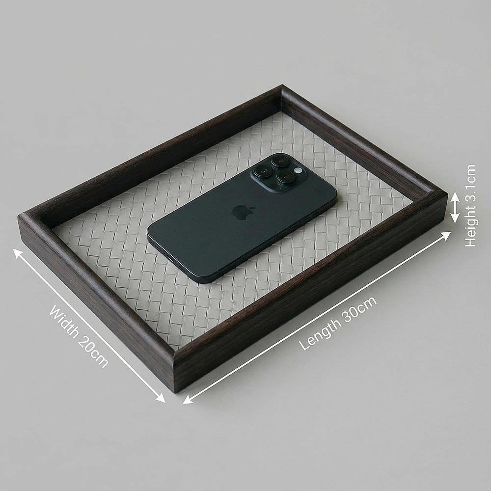 Zosenley Wooden Valet Tray with Leather Base - Nightstand Catchall Organizer for Cologne, Perfume, Keys, Wallet, Phone, Watch, Jewelry & Sunglasses (Black)