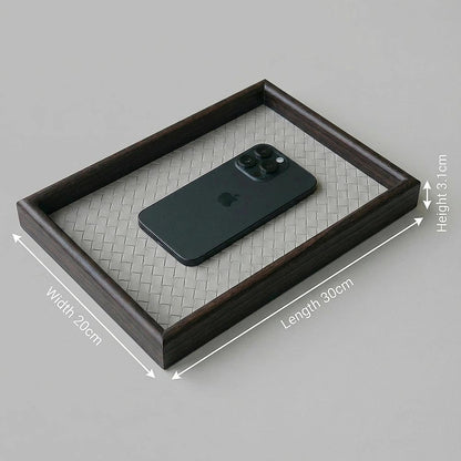 Zosenley Wooden Valet Tray with Leather Base - Nightstand Catchall Organizer for Cologne, Perfume, Keys, Wallet, Phone, Watch, Jewelry & Sunglasses (Black)