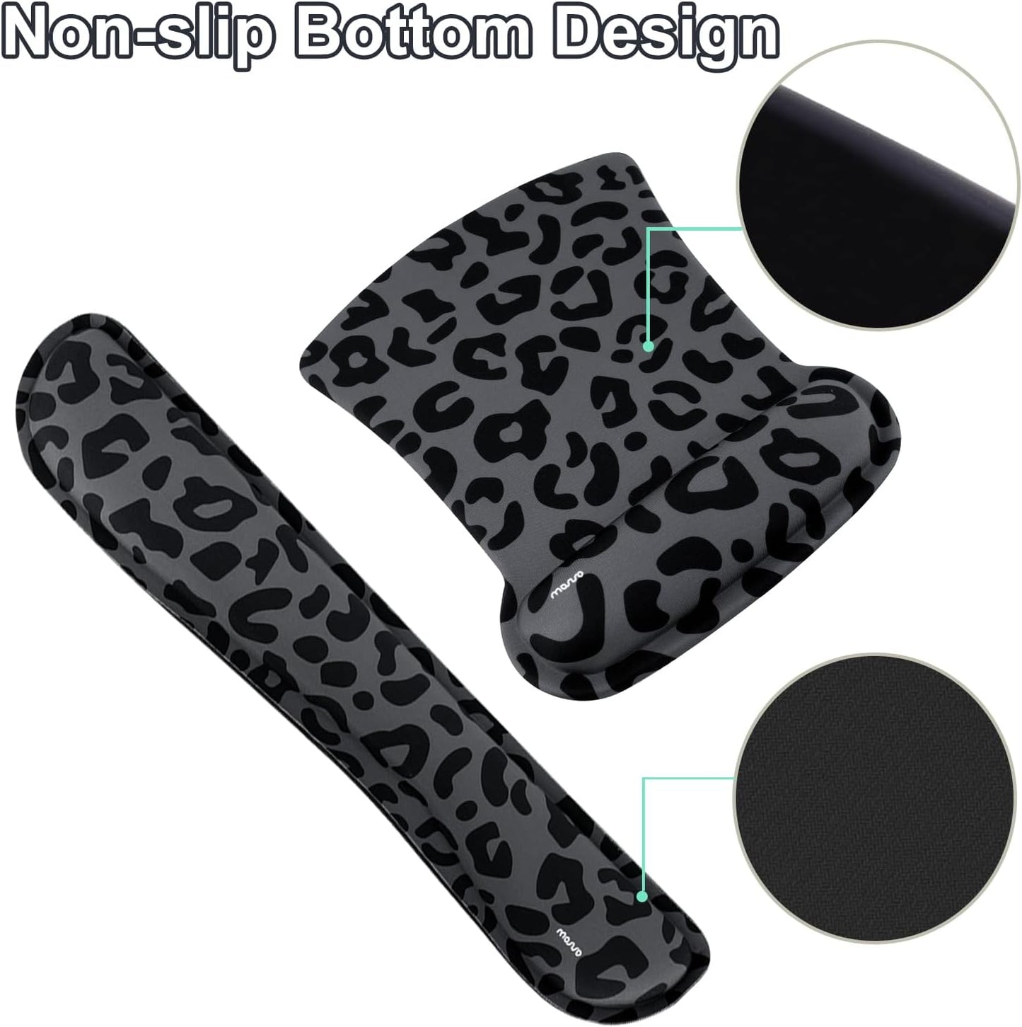 MOSISO Wrist Rest Support for Mouse Pad&Keyboard Set, Ergonomic Large Leopard Grain Desk Mat&Coaster Set, Non-Slip Mousepad&Pain Relief&Easy Typing Cushion with Memory Foam for Home Office, Black