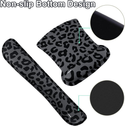 MOSISO Wrist Rest Support for Mouse Pad&Keyboard Set, Ergonomic Large Leopard Grain Desk Mat&Coaster Set, Non-Slip Mousepad&Pain Relief&Easy Typing Cushion with Memory Foam for Home Office, Black