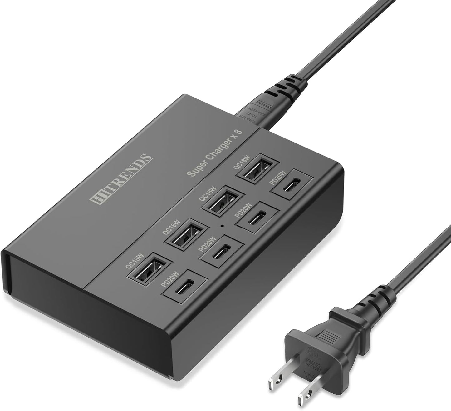 USB Charger with USB C PD20W and USB A QC18W, HITRENDS 60W PD Fast Charging Station, 5ft 8-Port Multiple Desktop Multi Port USB Charging Hub Compatible with iPad iPhone 17/16/15/14, Galaxy S24/S23/S22