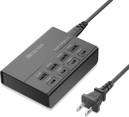 USB Charger with USB C PD20W and USB A QC18W, HITRENDS 60W PD Fast Charging Station, 5ft 8-Port Multiple Desktop Multi Port USB Charging Hub Compatible with iPad iPhone 17/16/15/14, Galaxy S24/S23/S22