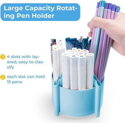 M&G 360 Degree Rotating Desk Organizer, 4 Slot Pencil Holder with Stickers, Multi-Purpose Cute Pen Pencil Cup for Make Up Brush Office School Home (Blue)