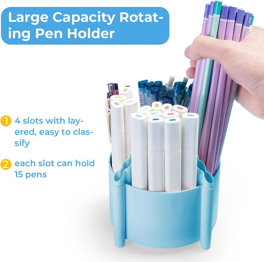 M&G 360 Degree Rotating Desk Organizer, 4 Slot Pencil Holder with Stickers, Multi-Purpose Cute Pen Pencil Cup for Make Up Brush Office School Home (Blue)