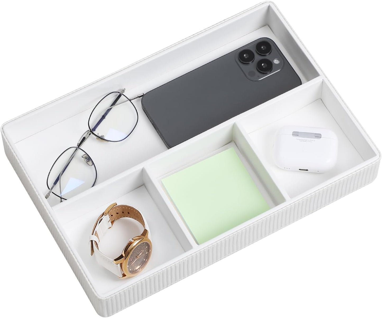PU Leather Valet Tray, Decorative Trinket Vanity Desk Drawer Organizer Tray, Perfume Dish Catch All Bowl for Keys, Nightstand Drawer Organizer Women Men with 4 Compartments (Cream-White)