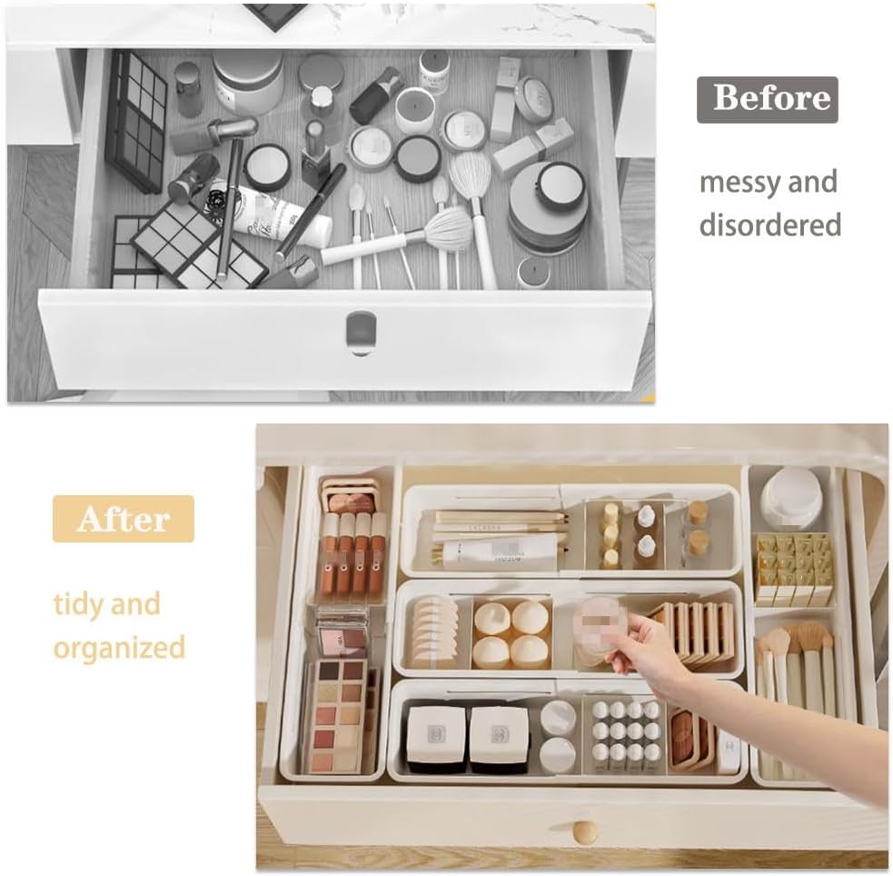 Expandable Storage Drawer Organizers Sliding Bin Plastic Desk Drawer Trays with Removable Dividers Adjustable Makeup Storage Bins for Bedroom, Bathroom, Clothes, Kitchen Utensil (Large)