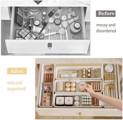 Expandable Storage Drawer Organizers Sliding Bin Plastic Desk Drawer Trays with Removable Dividers Adjustable Makeup Storage Bins for Bedroom, Bathroom, Clothes, Kitchen Utensil (Large)