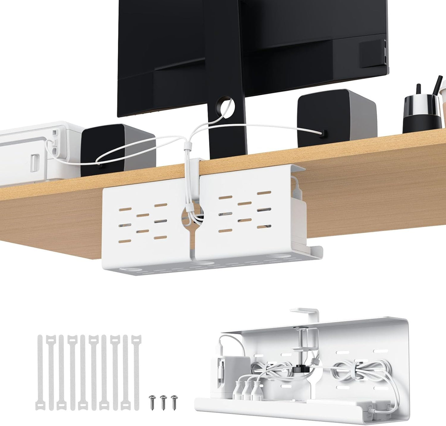 KEEGH 16" Under Desk Cable Management Tray, 2 Pack Desk Cord Organizer Upgrade Capacity, No Drill Clamp/Screws Mount, Cord Management Tray for Home Office, Gaming Desk, Standing Desk, Black