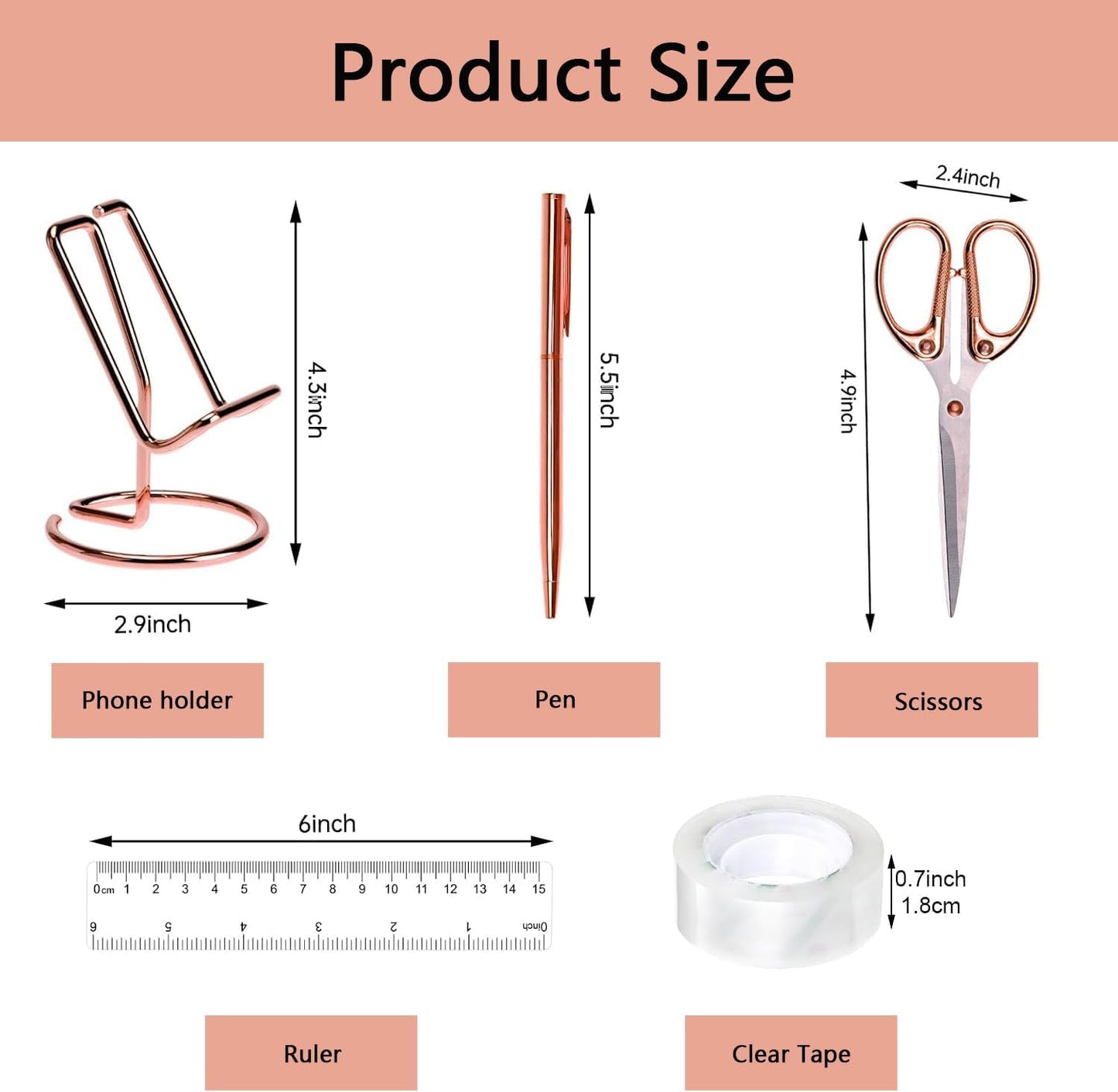suniya Office Supplies,Gold Desk Accessories,with Stapler,Tape Dispenser,Pen Holder,Scissors,Phone Stand,Staple Remover,Ballpoint Pen,Clear Tape, Staples,Ruler,Clips,Best Gift for Business or Boss